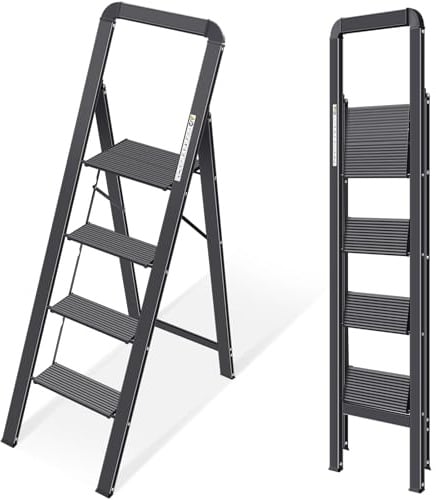 KINGRACK Leiter Aluminium, Trittleiter 4 stufen klappbar, leiter 4 stufen mit Handlauf, rutschfeste Haushaltsleiter mit Klappsicherung, Aluleiter Belastbar bis 150 kg,für Zuhause, Büro, Garten,Schwarz