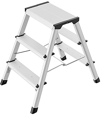 Hailo D60 StandardLine Alu-Klapptritt-Leiter - 2x3 Stufen belastbar bis 150 kg - Trittleiter mit Klappsperre - Füße mit Soft-Grip-Sohle - platzsparend zusammenklappbar - Aluleiter rostfrei - Silber