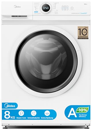 Midea MF10EW80BA10 Waschmaschine / 8kg / 1400 U/Min/EEK A-10%/Inverter Quattro Motor/Dampffunktion/Grosse Trommel/Nachlegefunktion/Kindersicherung/AquaStop, Weiß