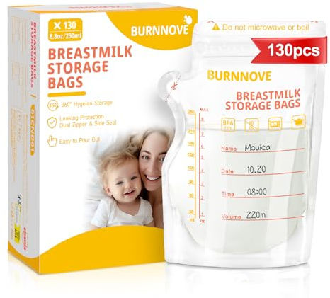 BURNNOVE Muttermilchbeutel 130 Stück Muttermilch Aufbewahrung Bags 250ml BPA-frei Doppelreißverschluss Auslaufsichere Milchbeutel Verdickt Geruchlos Vorsterilisiert Einfrierbar Platzsparend