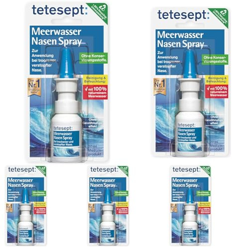tetesept Meerwasser Nasen Spray – Nasenspray zur Reinigung der verstopften & natürlichen Befeuchtung trockener Nasenschleimhäute – Nasenpflegespray bei Erkältung - 1 x 20 ml (5er Pack)