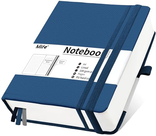 Mlife Notizbuch A4 Liniert,Dickes Notizbücher mit 360 Seiten und 100g/M² Tintenfestes Papier,Hardcover Collegeblock, Tagebuch mit 2 Rücktasche für im Büro oder in der Schule(Blau)