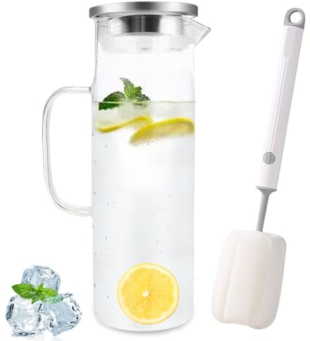 Diompirux 1,5 Liter Hitzebeständig Wasserkocher mit Griffen, Edelstahl-Silikon-Klappdeckel, Gedickter Kessel aus Borosilikatglas, Glaskanne für kaltes oder heißes Wasser, hausgemachten Eistee und Saft