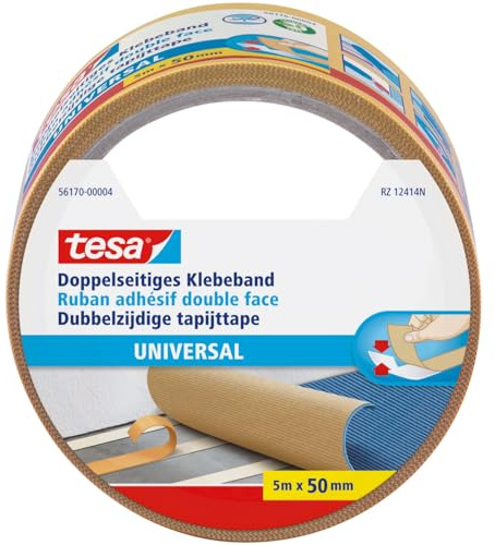 tesa Doppelseitiges Klebeband Universal - Vielseitiges Klebeband für Verpackungen, Deko und Teppiche oder zum Basteln - 5 m x 50 mm