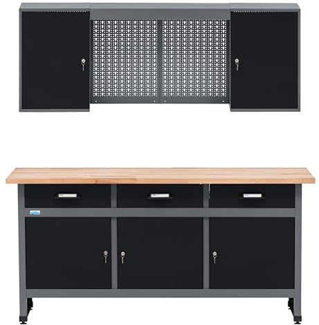 Küpper Werkstatt Set 70421-9, Werkstatteinrichtung Werkbank 170 cm mit Vollbuchenplatte, Hängeschrank (Schwarz)