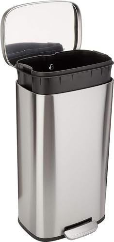 Amazon Basics 30 l Rechteckig Mülleimer für die Küche mit Stahlrohrpedal - 7.9 gallons Sanft Schließend mit Deckel, für Küche, Bad oder Büro, Satiniertes Nickel