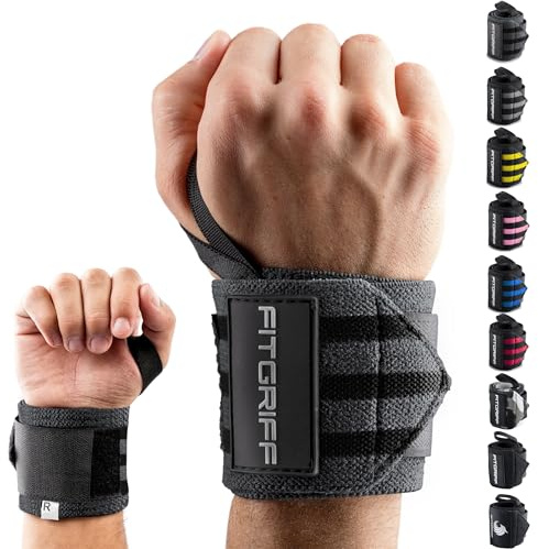 FITGRIFF® Handgelenk Bandagen [Wrist Wraps] 45cm Handgelenkbandage für Fitness, Handgelenkstütze, Bodybuilding, Kraftsport & Crossfit (Grau/Schwarz)