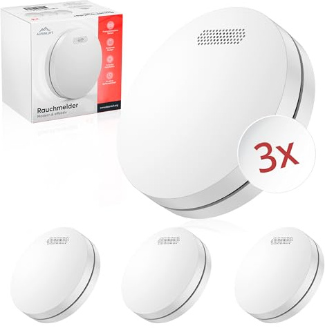 ALPENLUFT Rauchmelder 10 Jahre Batterie, Feuermelder Flach, Rauchwarnmelder, Brandmelder, | Ohne Bohren, Ohne LED Blinken - Rauch Brandschutz Brandmeldeanlage 3er Set