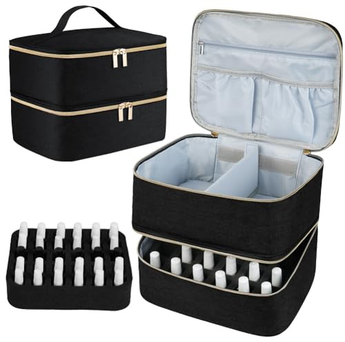 LOPHE Kosmetiktasche, Doppellagige Tragbare Reise Schminktasche Damen, Nagellack Organizer mit Fächern für 30 Flaschen und Nagellampe, Make Up Kosmetikkoffer Tasche mit Nagellack Aufbewahrung(Schwarz)