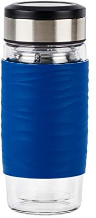 Emsa N20805 Tea Mug Teebecher aus doppelwandigem Glas, 0,4 Liter, herausnehmbares Sieb, 100% dicht, auslaufsicher, spülmaschinengeeignet, 360°-Trinköffnung, Blau