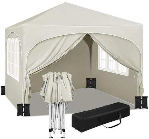 WOLTU Faltpavillon Pop up mit 4 Seitenteilen 4 Sandsäcke Beige | UPF 50+ UV Schutz, wasserdicht, höhenverstellbar, windstabil, Halbmonddach, Garten