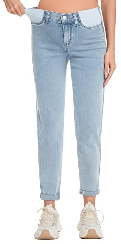 FABRACK Damen Umstandsjeans Unter dem Bauch Dehnbare Boyfriend Jeans Bequeme Schwangerschaft Denim Hose mit Elastikeinsatz, Hell, blau, S