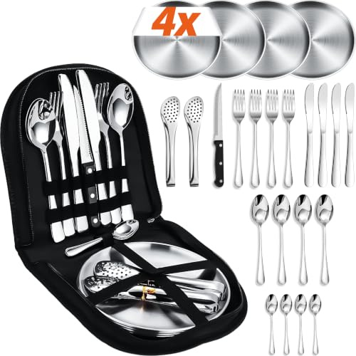 Camping Geschirr Set für 4 Personen. 23-teiliges Edelstahl Besteck & Teller | Geschirrset inklusive Gabeln, Messern, Löffeln und Teelöffeln. Tragbares Besteckset für Outdoor, Picknick, Wohnmobil, Grillen
