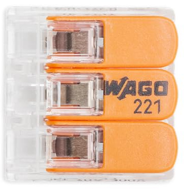 WAGO 221 Serie – 50x 3-Leiter Verbindungsklemmen in Kartonbox | Flexible und starre Kabelschuhe von 0,14 bis 4 mm², transparente Cage Clamp-Technologie, unterstützt bis zu 32 A.