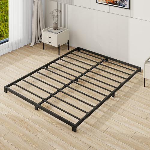VERFARM Plattformbett aus Metall, Bettrahmen 140 x 200 cm - Höhe 8cm - Metallbett mit Lattenrost Metall, Modern Metallbett Für Erwachsene, Kinder, Jugendliche, Einfache Montage, Doppelbett Schwarz
