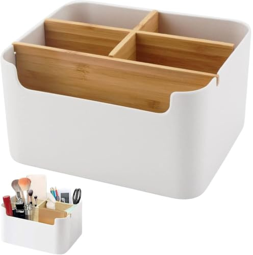 Schreibtisch Organizer, 5 Fächer Bambus Büro Organizer mit Stifthalter | Stiftebox Schreibtisch, Stiftehalter, Aufbewahrungsbox Desk Organizer für Stifte, Kosmetika,Kleine GegenstäNde (Weiß)