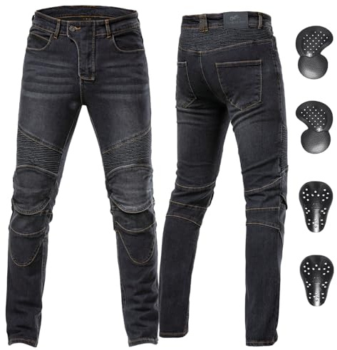 ForMTRider Motorradhose Herren mit Protektoren Elastische Denim Riding Hosen mit CE-Schutz,Vintage Schwarz,L=36W/31L
