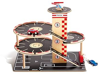 Hape Parkhaus Spielset - aus Holz, Autogarage auf DREI Ebenen mit Autos und Hubschrauber, fördert Motorik, Rollenspiel & Kreativität, Spielzeug für Kinder ab 3 Jahren