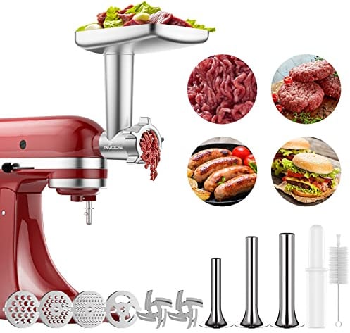 GVODE Metall Fleischwolf-Aufsatz für KitchenAid Küchenmaschine | inklusive 3 Wurstfüllhörner, 2 Schleifklingen, 4 Mahlscheiben und einer Reinigungsbürste – Fleischwolf-Zubehör für KitchenAid