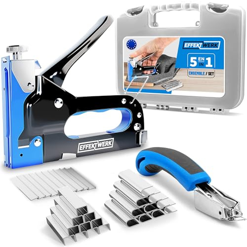 EffektWerk - 5 in 1 Tacker Set - Schwerlast-Tacker + 1500 Klammern + Klammerentferner für Holz, Stoff, Drahtgeflecht - Bau, Handwerk, Polsterarbeiten
