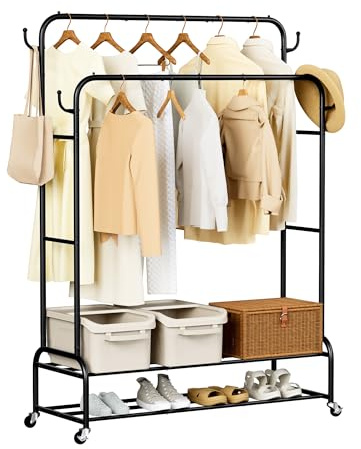Oak & Tea Schwarze Kleiderstange Heavy Duty, Garderobenständer mit 120kg Traglast & 5kg Leichtbau, Kleiderständer auf Rollen mit Doppelschienen & 4 Haken – Ideal für Schlafzimmer & Flur