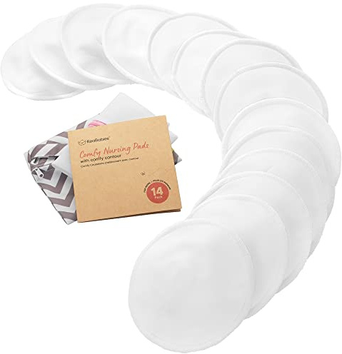Keababies Bio Bambus Stilleinlagen - 14 Stilleinlagen Waschbar + Wäschebeutel - Wiederverwendbare Breast Pad für die Mutterschaft - Waschbar, Weich und Saugfähig (Soft White, L 12.7cm)