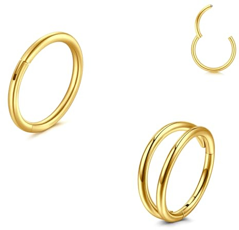 LAURITAMI 2 Stück Nasenpiercing Ring Chirurgenstahl 20G Dünn Doppelter Nasenpiercing Ring Gold, Septum Clicker Ring, 8mm Helix Conch Knorpel Tragus Nasenpiercing Bauchnabelpiercing Schmuck