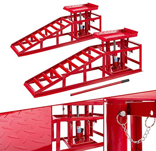 Arebos 2X Auffahrrampe mit hydraulischem Wagenheber | XXL PKW Hebebühne KFZ Rampe 257 mm Auffahrbreite | Auffahrbock Hebeplattform mit Sicherheits-/ Überdruckventil | Höhenverstellbar 2 T | Rot
