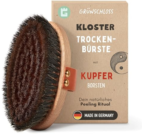 Grünschloss Trockenbürste Körper Kupferbürste (Yin) - Dry Peeling Massagebürste für Durchblutung & Cellulite Bürste (Made in Germany) – Energie Klosterbürste mit Kupfer & Naturborsten Pferdehaar