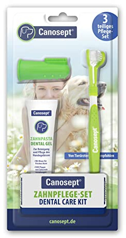 Canosept Zahnpflege Hund (3-teiliges Set) - Hundezahnbürste – Hundezahnpasta – Fingerlinge Hunde - Zahnbürste Hundepflege - Zahnstein Hunde Zahnpflege - Zur Zahnreinigung Hund bei Mundgeruch