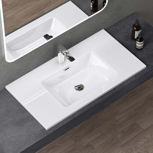 doporro Waschbecken mineralguss Einbauwaschbecken mineralguss 80x48x14 cm weiß Einbauwaschtisch mit Überlauf Waschtisch Handwaschbecken Col02