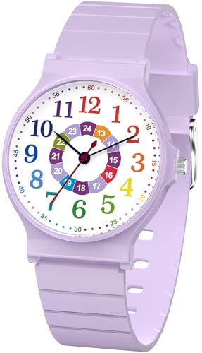 SOCICO Kinder Analoguhr Jungen Mädchen, 30M Wasserdicht Leicht Ablesbar für 5-15 Jahre, Tolle Geburtstags Kinder (Lila-Buntes)