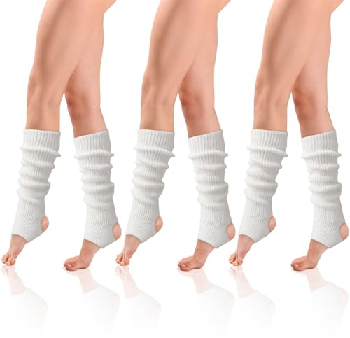 FUIPVGI 3 Paar Bein Stulpen Damen Winter Lange Gestrickt Ballettstulpen mit Fersenloch Beinwärmer, Knöchelwärmer für Ballett Yoga Frauen und Mädchen (Weiß)