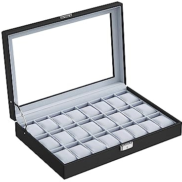 SONGMICS Uhrenbox mit Glasdeckel, 1 Ebene, für 24 Uhren, abschließbar | Uhrenkoffer mit herausnehmbaren Uhrenkissen, PU-Bezug in Schwarz, Samtfutter in Grau, BRIDIE Kollektion JWB024