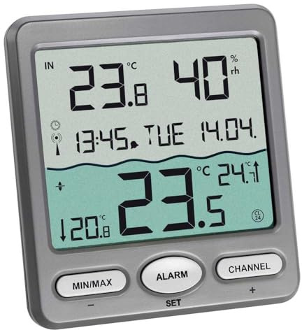 TFA Dostmann Venice Poolthermometer, 30.3056.10, zur Überwachung der Wassertemperatur in Pool, Teich oder Whirlpool, Digitales Funk-Poolthermometer, Grau, L 116 x B 24 (65) x H 126 mm