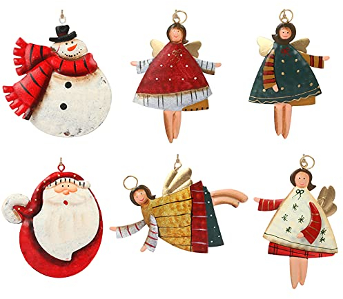 Bäcker & Lecker 6 Stück Weihnachtsanhänger Engel Weihnachtsmann Schneemann Christbaumanhänger Weihnachtsbaumschmuck aus Metall
