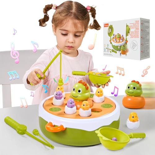 Meribbit Musik Dinosaurier Angelspiel Rotierendes Magnetisches Brettspiel | 4-in-1 Dinosaurier Angelspiel mit rotierender Basis, Musik, Angeln & Löffeln fördert Hand-Auge-Koordination & Feinmotorik