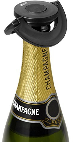 AdHoc dichter Sektflaschenverschluss GUSTO, Schwarz, Kunststoff/Silikon, Extrem flach Sektverschluss, Luftdichter und auslaufsicher Flaschenverschluss für Sekt, Champagner und Prosecco mit Geschenkbox
