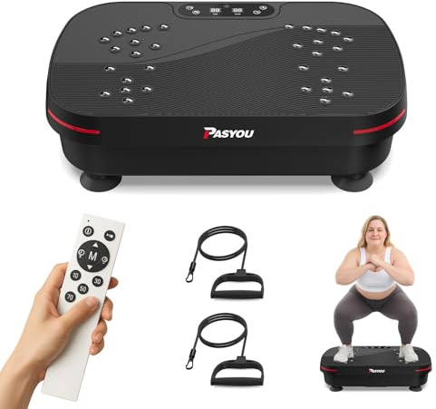 PASYOU Vibrationsplatte, 2025 Verbesserte Vibrationsplatte für Abnehmen, Vibrationsplattform für Ganzkörpertraining mit Übungsband und Fernbedienung, 0-99 Gänge Vibrationsplattform für Heimtraining