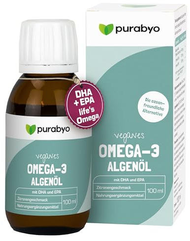 Purabyo Algenöl flüssig Omega 3 VEGAN | im Glas | Veganes Algenöl | Omega 3 Fettsäuren DHA und EPA | hochdosiert | Hoher EPA Gehalt | 315 mg DHA und 105 mg EPA
