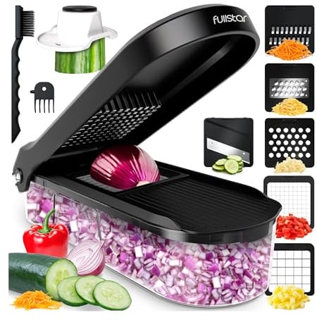 Fullstar Gemüseschneider und Mandoline Gemüsehobel - Julienne- und Würfelschneider für Gurken Zwiebeln Kartoffeln Früchte - Reibe für Gemüse Käse - Küchenzubehör Küchengeräte (6-in-1 Kompakt Schwarz)