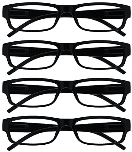 OPULIZE ACE Lesebrille für Damen und Herren - 4er-Pack - Schmaler Rechteckiger Rahmen - Komfort Federscharniere - Kratzfest - Schwarz UVR +1.50