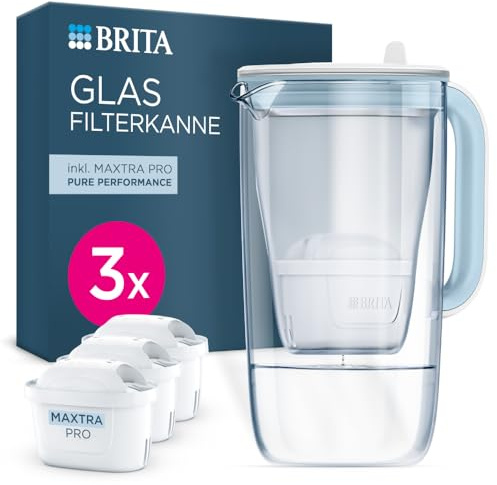 BRITA Wasserfilter Kanne Glas hellblau (2,5l) inkl. 3 MAXTRA PRO Pure Performance Kartusche – Premium Kanne aus Glas mit Smart Light LED & Klappdeckel – filtert Verunreinigungen, Kalk, Metalle usw.