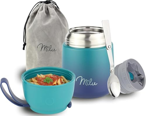 Milu® Thermobehälter für Essen 450ml, Edelstahl, Thermo Lunchbox, Suppenbehälter to go, Thermobox, Thermodose zum Warmhalten Suppen, Babybrei, Speisebehälter, breiwärmer unterwegs, Grün Blau 450ml