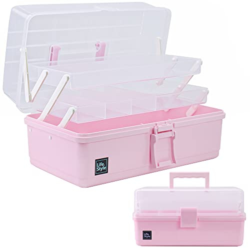 Creahaus 33cm 3-Regal Mehrzweck-Aufbewahrungsbox, Sortierbox, Organizer Box, Bastelbox, Nähkasten, Medizinkoffer, Toolbox, Angelkoffer mit 2 Regalen (Rosa)