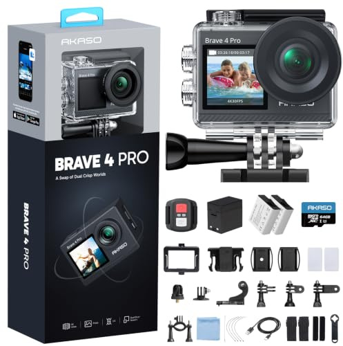 AKASO Action Cam 4K30FPS 20MP WiFi 40M Unterwasserkamera Ultra HD Touchscreen 170 ° Einstellbar Weitwinkel, EIS Stabilisierung, 5X Zoom, 2.4G Fernbedienung und 2 Akkus 1350mAh mit 64GB Speicherkarte