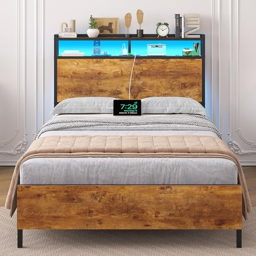 Brinlawb Bett 90x200 mit Lattenrost aus Metall, Bettgestell 90x200 cm mit LED Beleuchtung, Metallbett mit Kopfteil und Ladestation (2 AC-Steckdosen 2 USB-Anschlüsse)Jugendbett Bettrahmen, Modern Braun