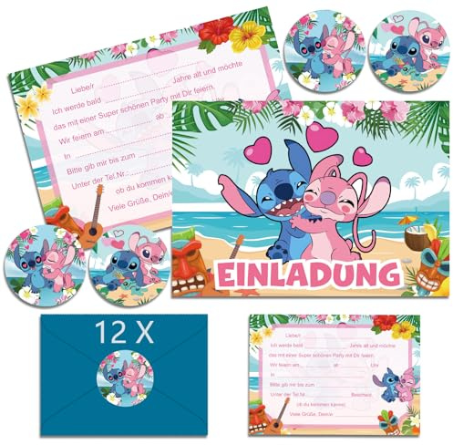 OVOparty 12x Stich Einladungskarten Kindergeburtstag Junge mit Umschlag Deutsch, Stich Geburtstagseinladungen Jungen, Cartoon Einladungskarten Geburtstag Set für Themed Party (A6) (A)
