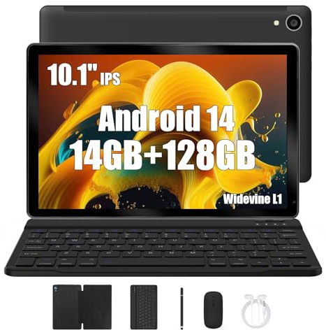 Yicty Android 14 Tablets 10 Zoll Tablet PC, 14(4+10) GB RAM+128GB ROM, Octa Core 2.0 GHz/1280 * 800 HD IPS/WiFi 6/Bluetooth 5.3/5000mAh/5MP+8MP/OTG/Type-C Kopfhöreranschluss