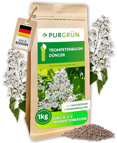 Purgrün® Trompetenbaum-Dünger 1 kg – Leuchtende Blüten dank Spezial-Rezeptur – Magnesium für leuchtende Blattfärbung – Schnelles Wachstum dank extra Stickstoff – Baumdünger für ca. 2-3 Bäume